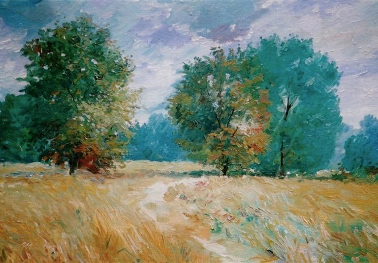 Impressionist oil painting of a summer landscape with green trees and a golden field.
