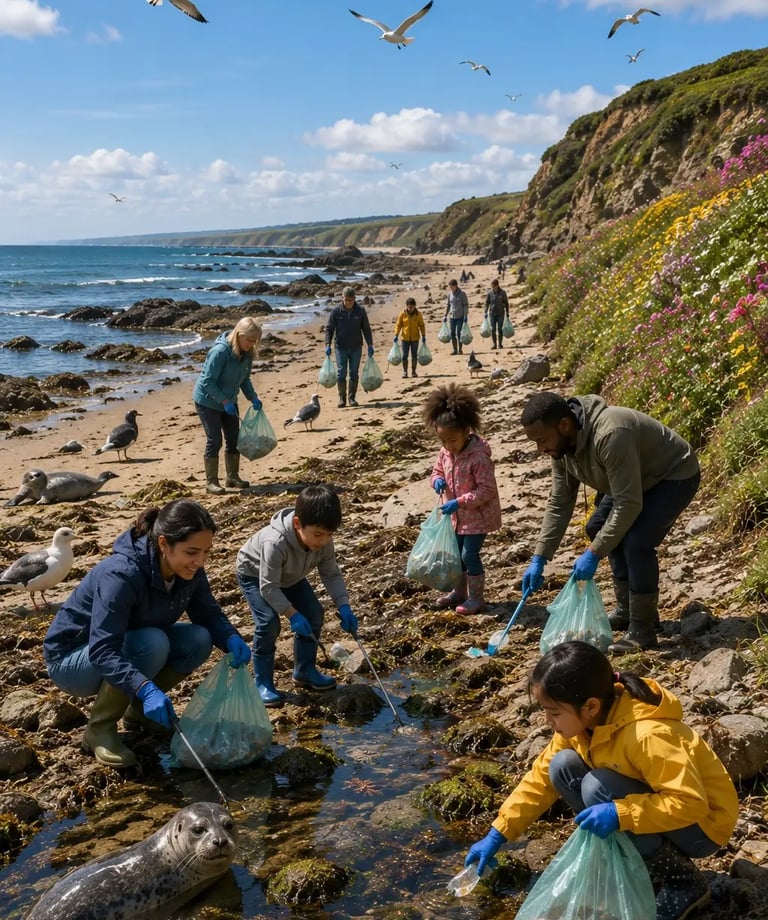 Volunteers and children cleaning up plastic waste on a rocky beach to protect marine wildlife and seals.