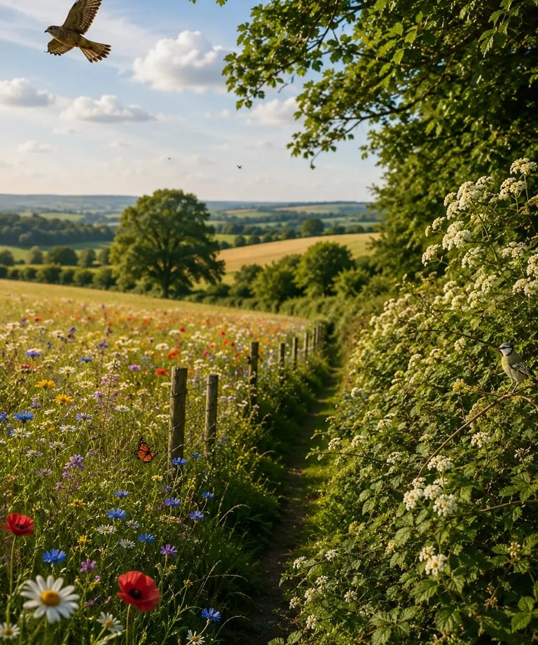 A scenic path through a summer wildflower meadow with a kestrel bird flying above and rolling hills in the background.