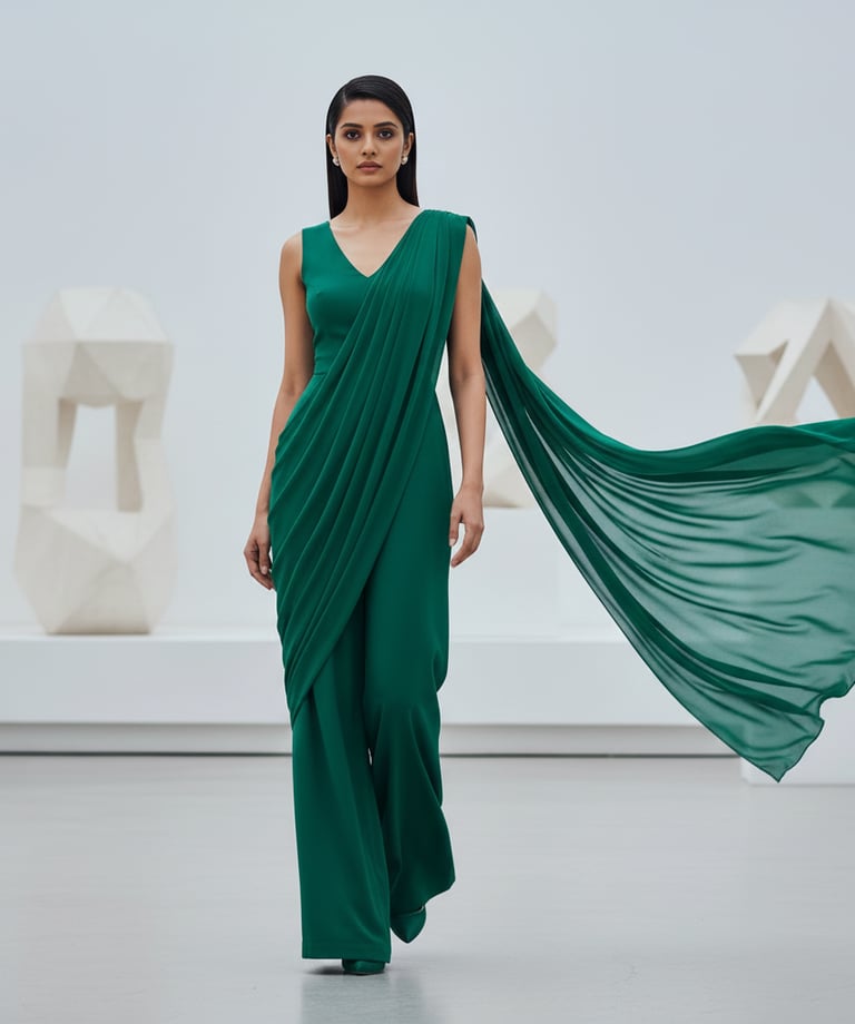 a woman in a green dress with a long flowing dress