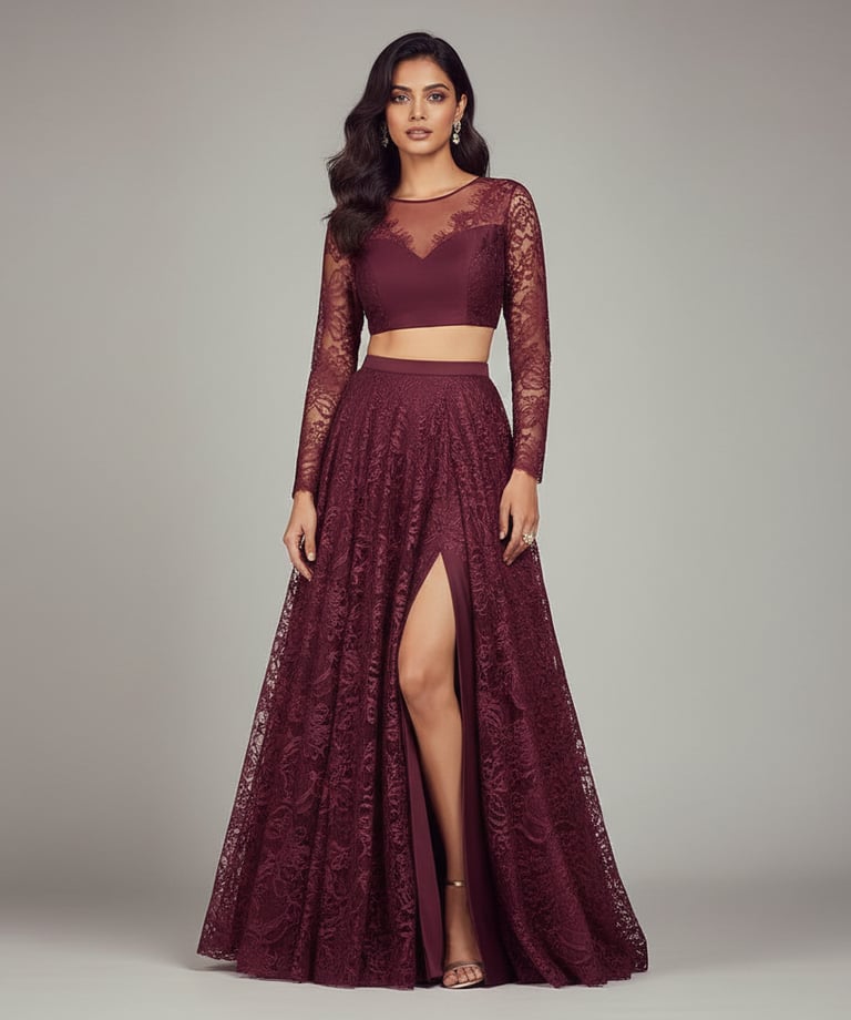 a woman in a long sleeved dress with a slited skirt