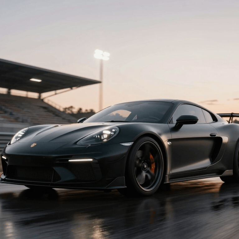 A matte black Porsche 718 Cayman GT4 RS driving on a race track at sunset.