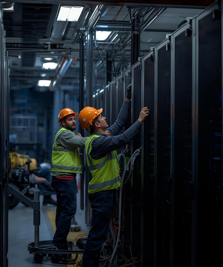 Technicians racking and cabling servers in live data center – McKnight SDVOSB data center construct