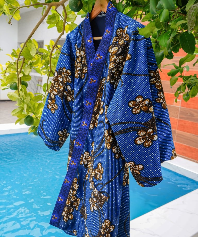 Sofatie wax print kimono outerwear in bold blue tones