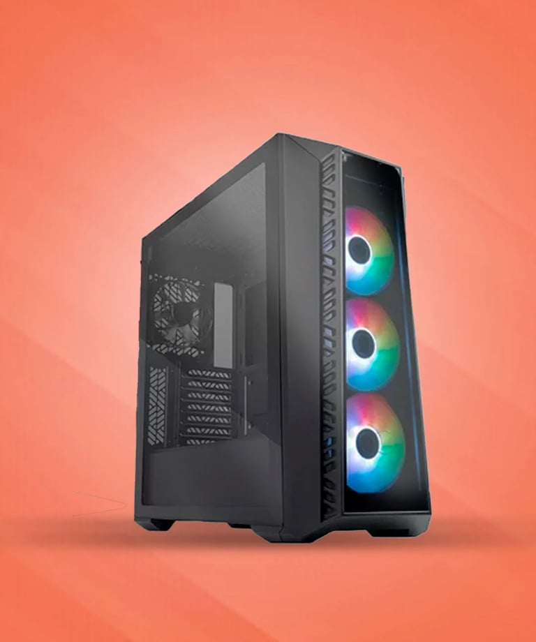 Computadora gamer con coolers de colores y gabinete negro