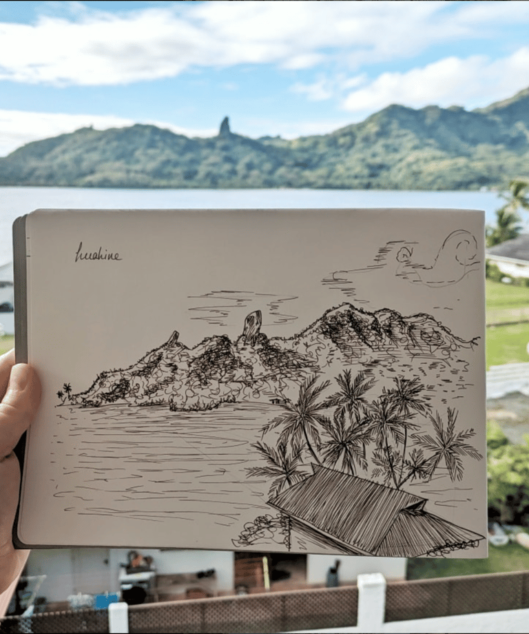 Croquis sépia de Huahine, carnet de voyage par Marion Guizzardi, artiste et créatrice, Montpellier.