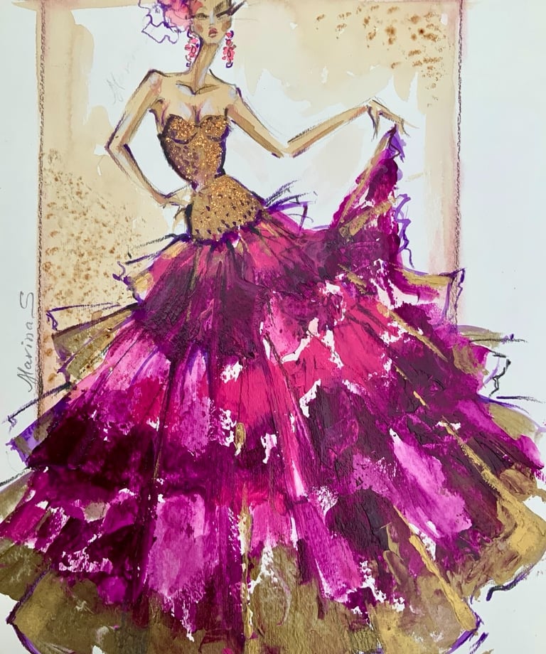 Original Fashion Artwork by Marina Saba, Hot Pink gown, runway fashion and red carpet fashion..