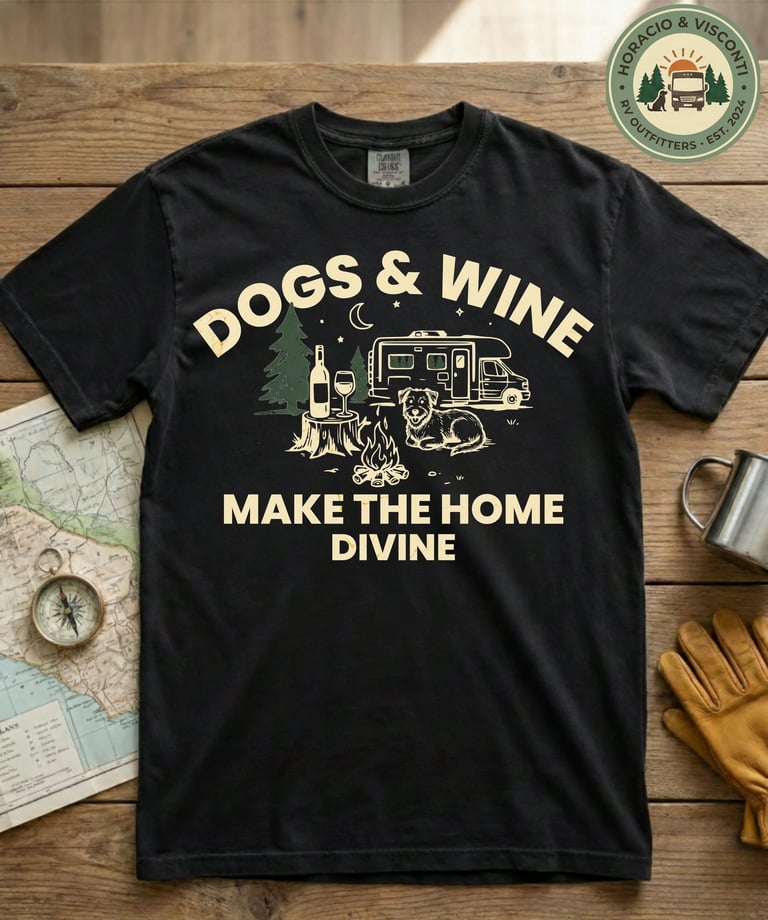 Dogs and Wine Make The Home Divine RV camping shirt by Horacio & Visconti