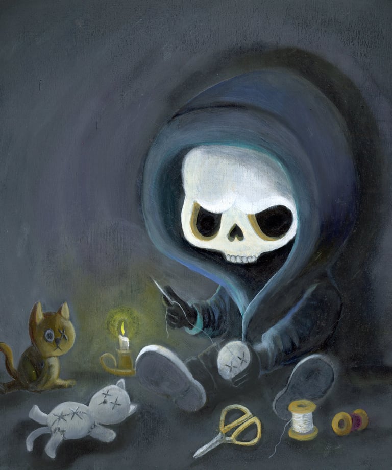 a painting of a skeleton making cat dolls