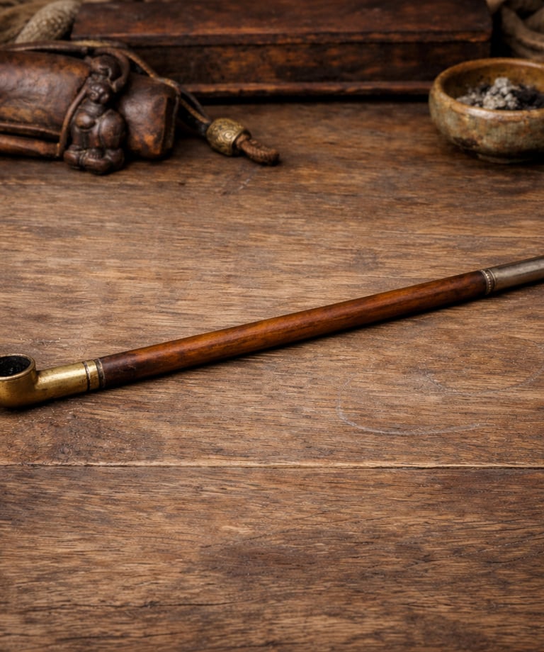 Antique wooden kiseru pipe with brass mouthpiece on a rustic wooden table with vintage smoking accessories.