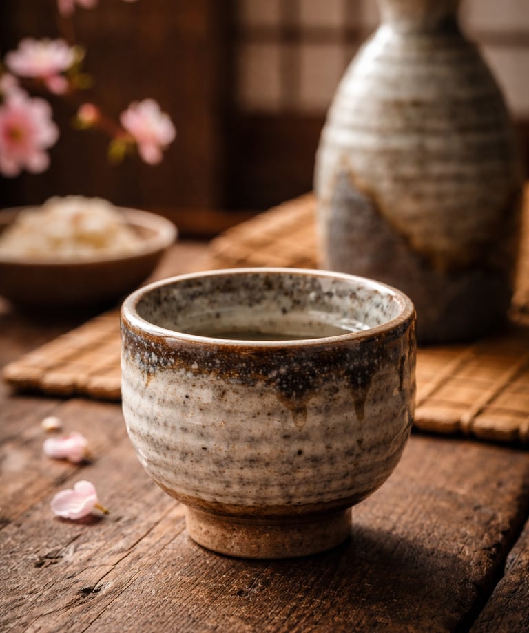 Traditional ceramic Japanese sake cup on a rustic wooden table with cherry blossoms and a tokkuri carafe.