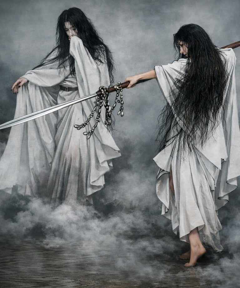 Two long-haired women in ethereal white robes holding a bladed polearm in a smoky, gothic setting.