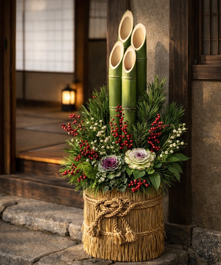 Traditional Japanese Kadomatsu decoration with bamboo and pine at the entrance of a house.