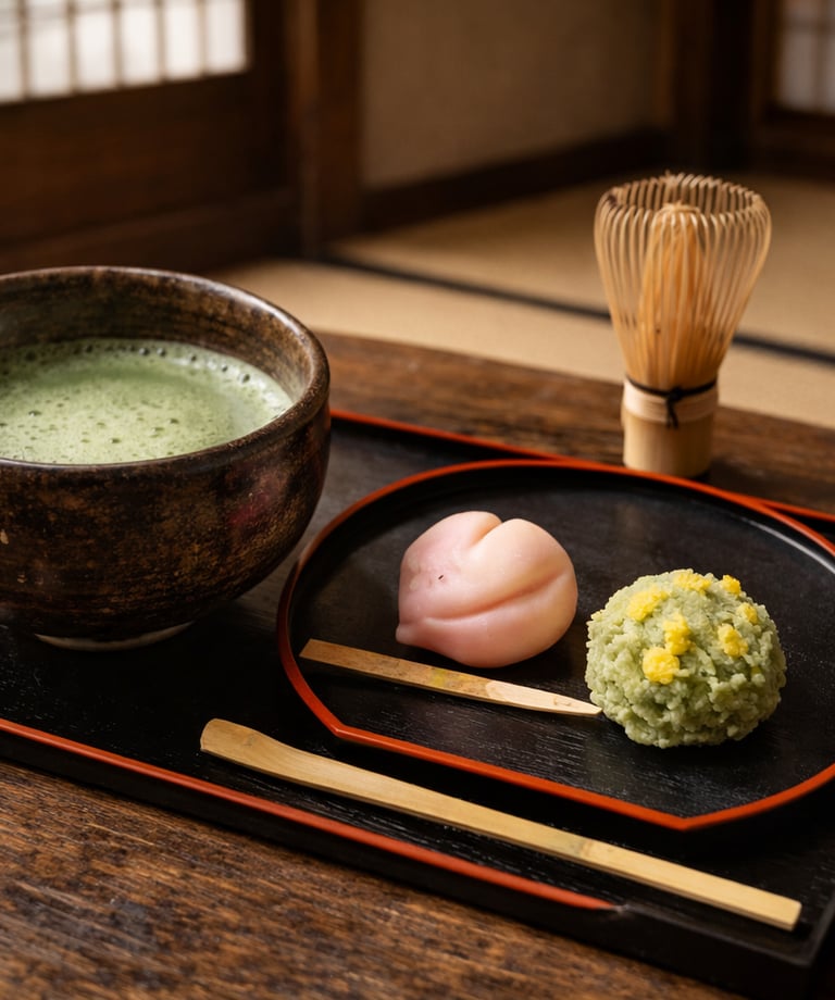 Traditional Japanese matcha tea served in a chawan bowl with wagashi sweets and a bamboo whisk.