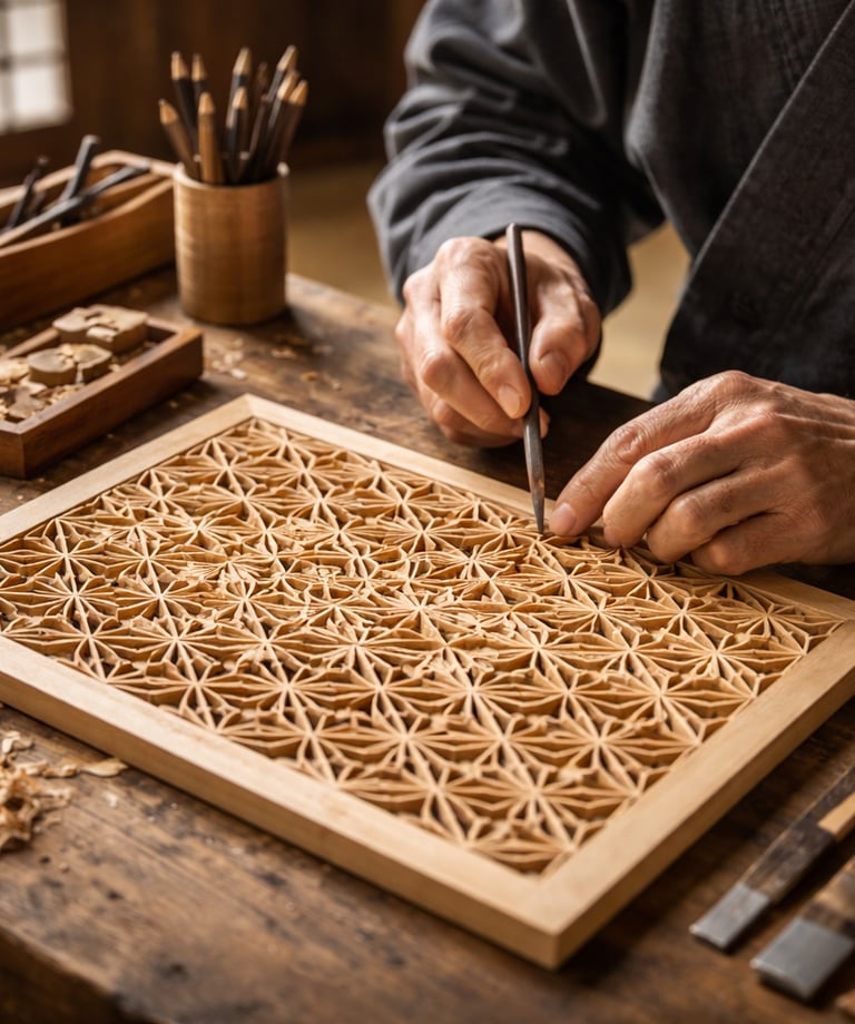 Artisan hand-carving a traditional Japanese Kumiko wood pattern on a wooden workbench.