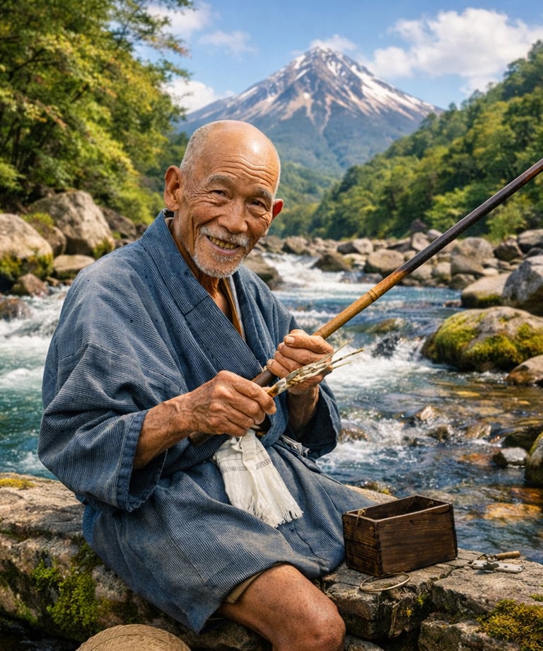 A smiling senior Japanese fisherman in traditional blue clothing fishing by a river near Mount Fuji.
