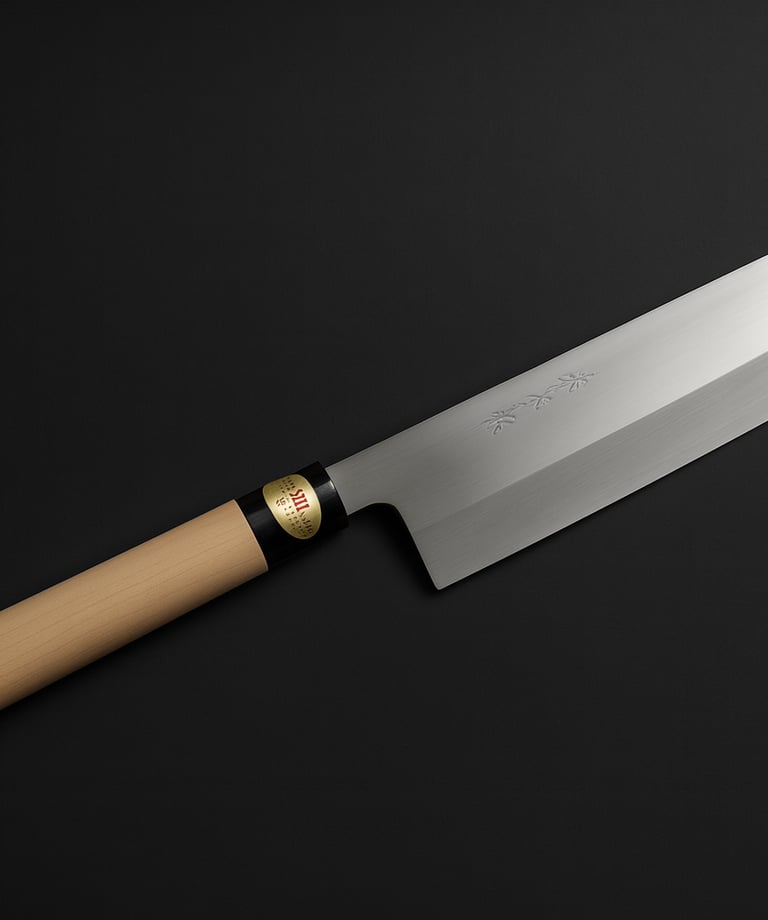 Professional Japanese Nakiri vegetable knife with a carbon steel blade and wooden handle on a black background.