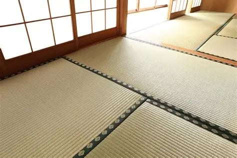 Traditional Japanese washitsu room featuring woven tatami mat flooring and sliding shoji screen doors.