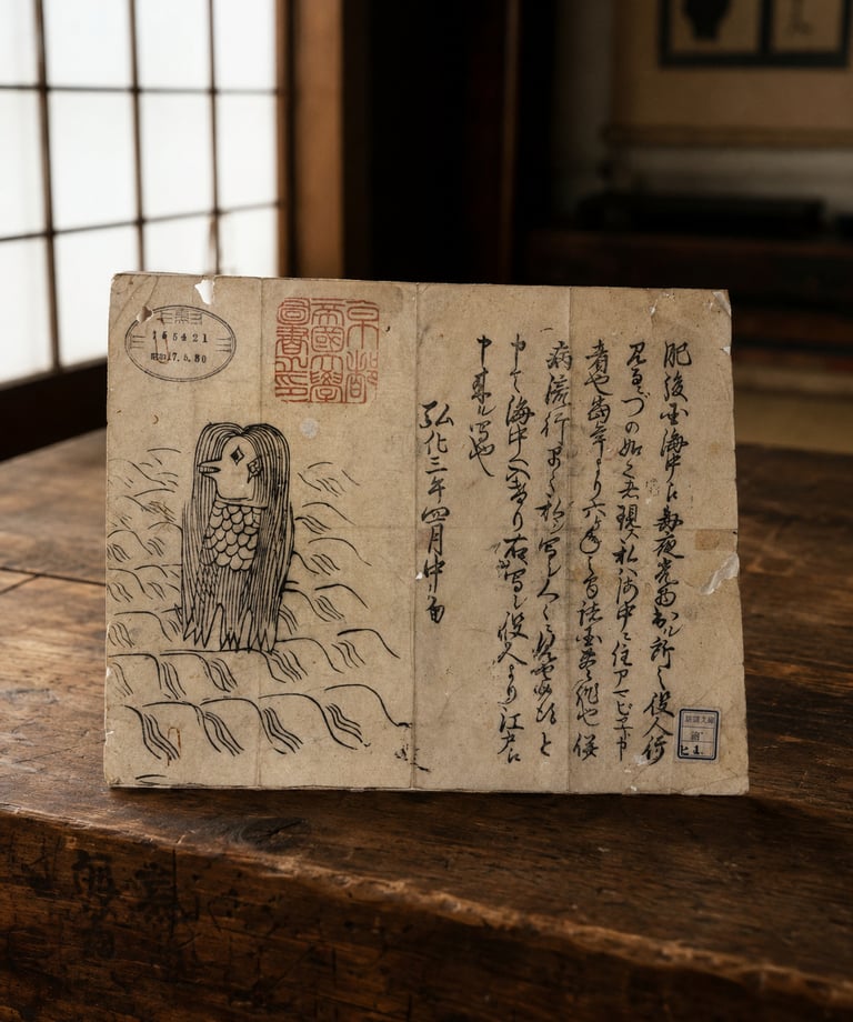 Vintage Japanese woodblock print of an Amabie yokai with traditional calligraphy on aged paper.