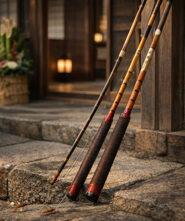 Vintage handcrafted bamboo fly fishing rods leaning against a traditional Japanese stone step.