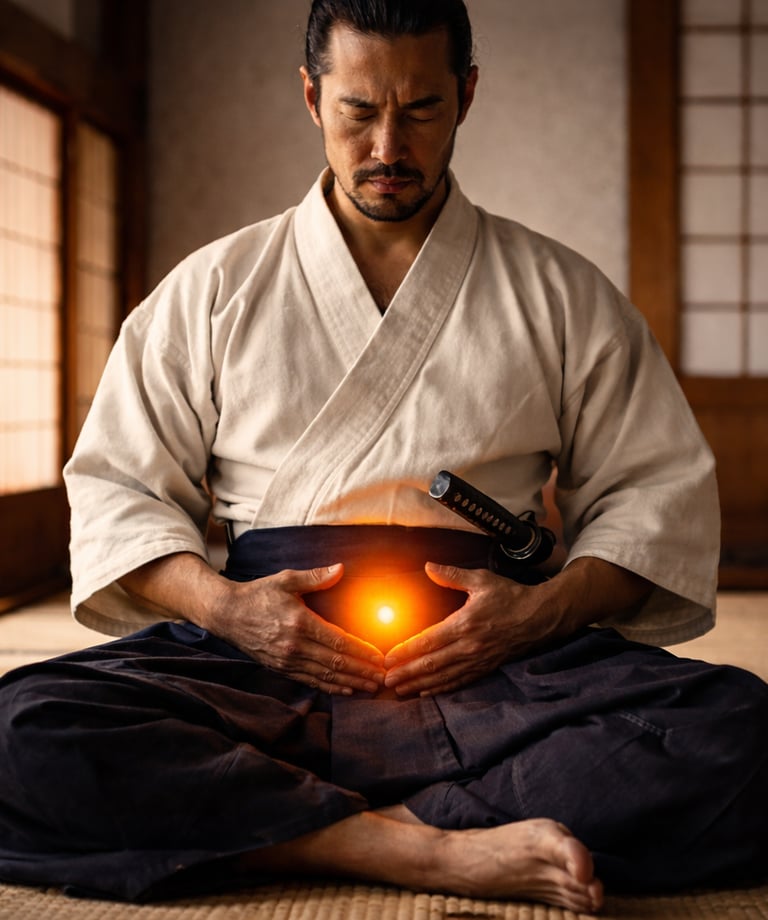 A samurai warrior in a kimono meditates with glowing energy in his hands inside a dojo.