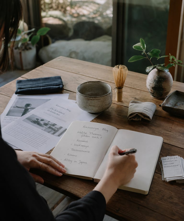 A person writing in a journal on a wooden table with matcha tea tools and Japanese blog notes.