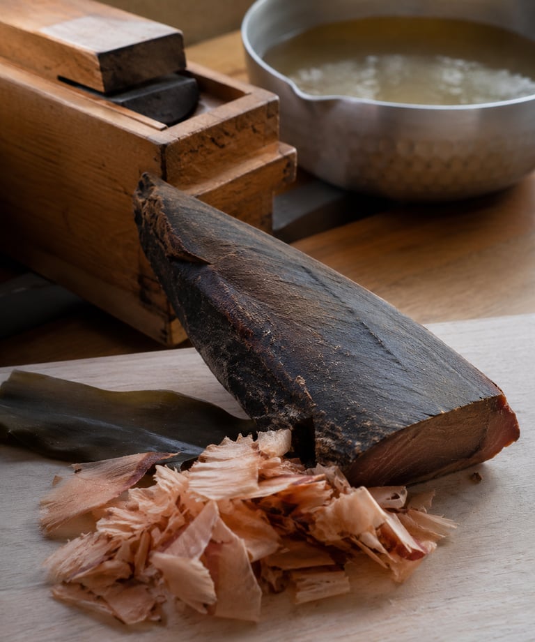 Katsuobushi block with bonito flakes and kombu seaweed on a wooden board for making Japanese dashi broth.