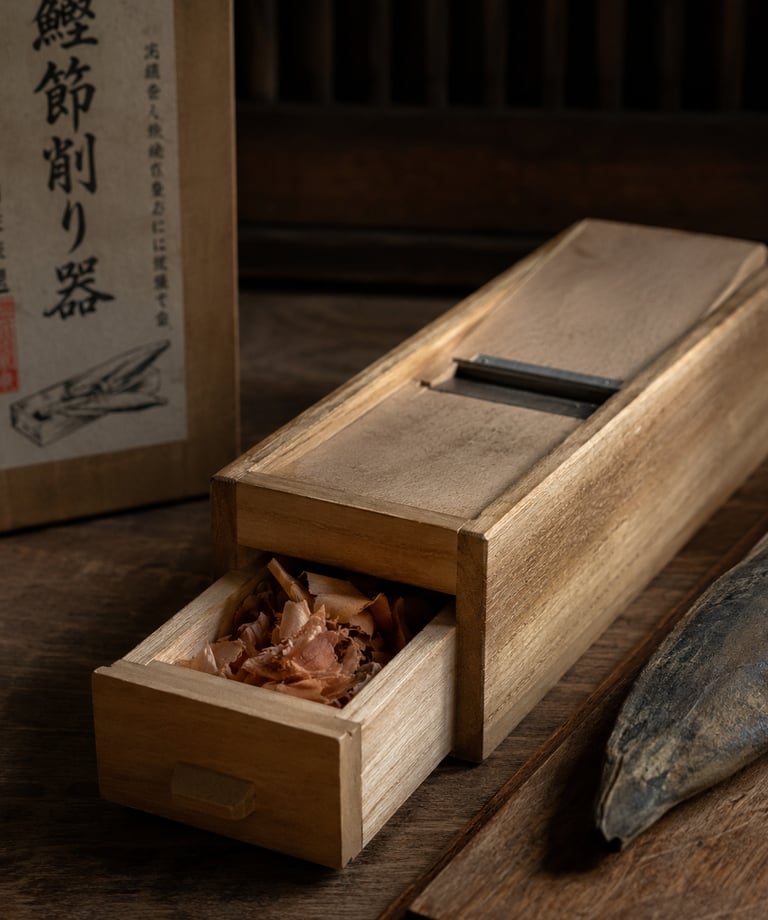 Traditional Japanese katsuobushi shaver with wooden box and dried bonito flakes.