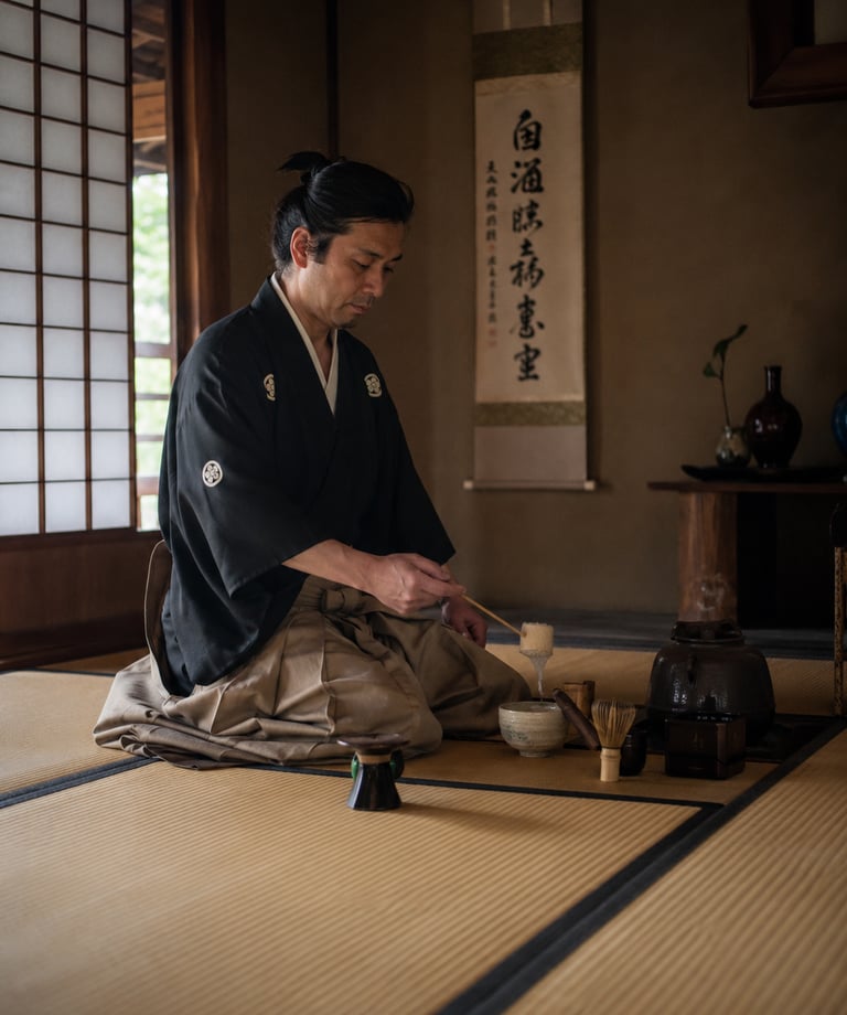 A man in traditional kimono performs a Japanese tea ceremony on tatami mats.