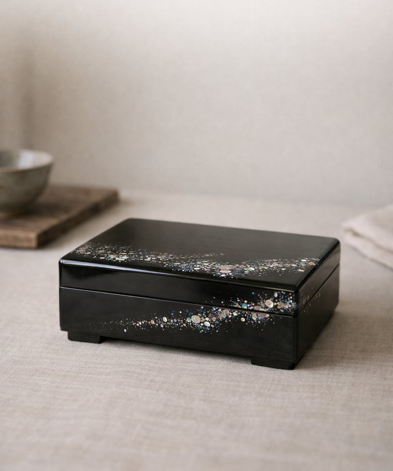 Elegant black lacquer jewelry box with iridescent mother of pearl inlay on a linen surface.