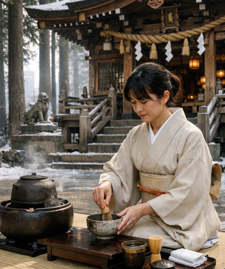 A Japanese woman in a kimono performs a traditional tea ceremony at a winter Shinto shrine.