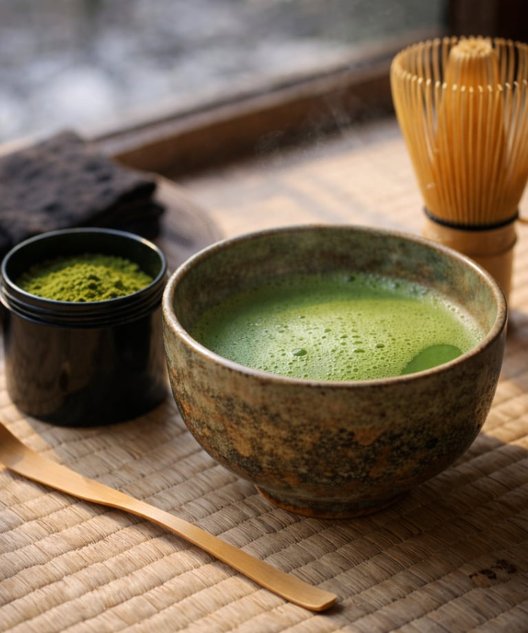 Traditional Japanese matcha green tea in a ceramic bowl with a bamboo whisk and scoop.