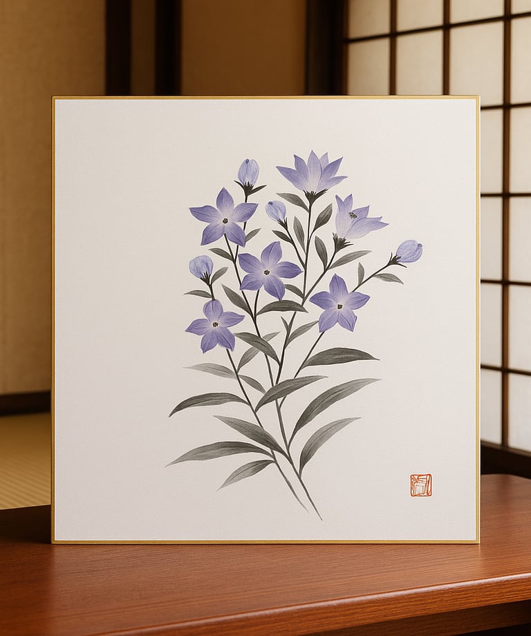 Traditional Japanese ink wash painting of purple bellflowers on a square shikishi board.