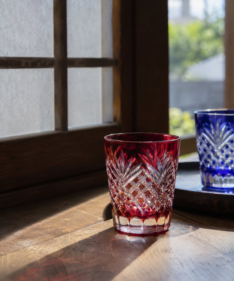 Red and blue Edo Kiriko cut glass tumblers on a wooden table by a traditional Japanese window.