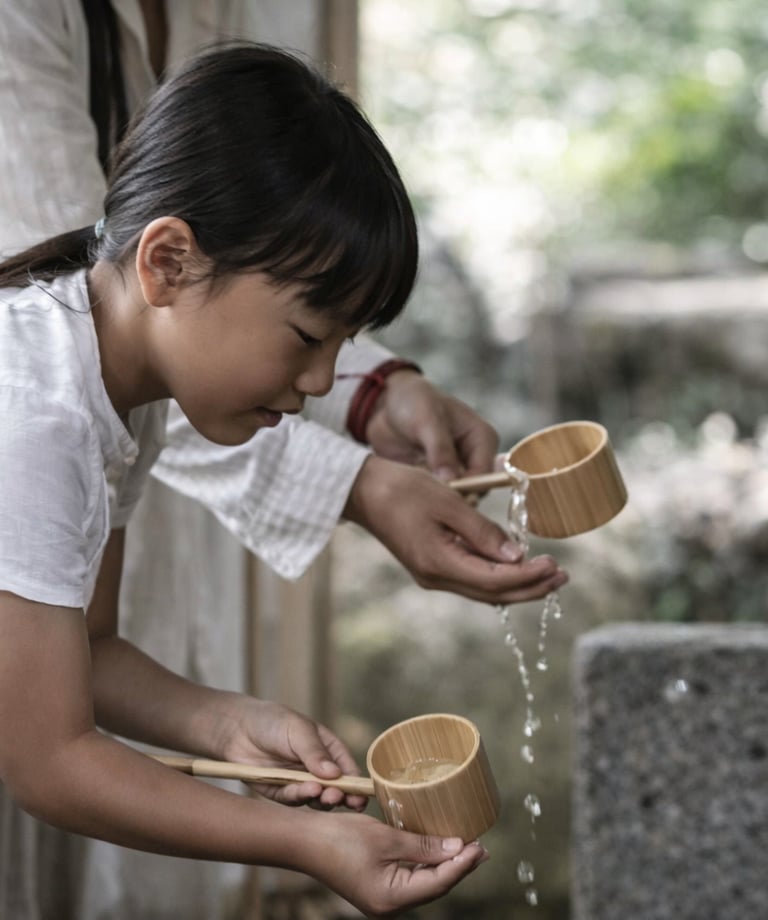 Young Japanese girl performing a water purification ritual with bamboo ladles at a Shinto shrine.
