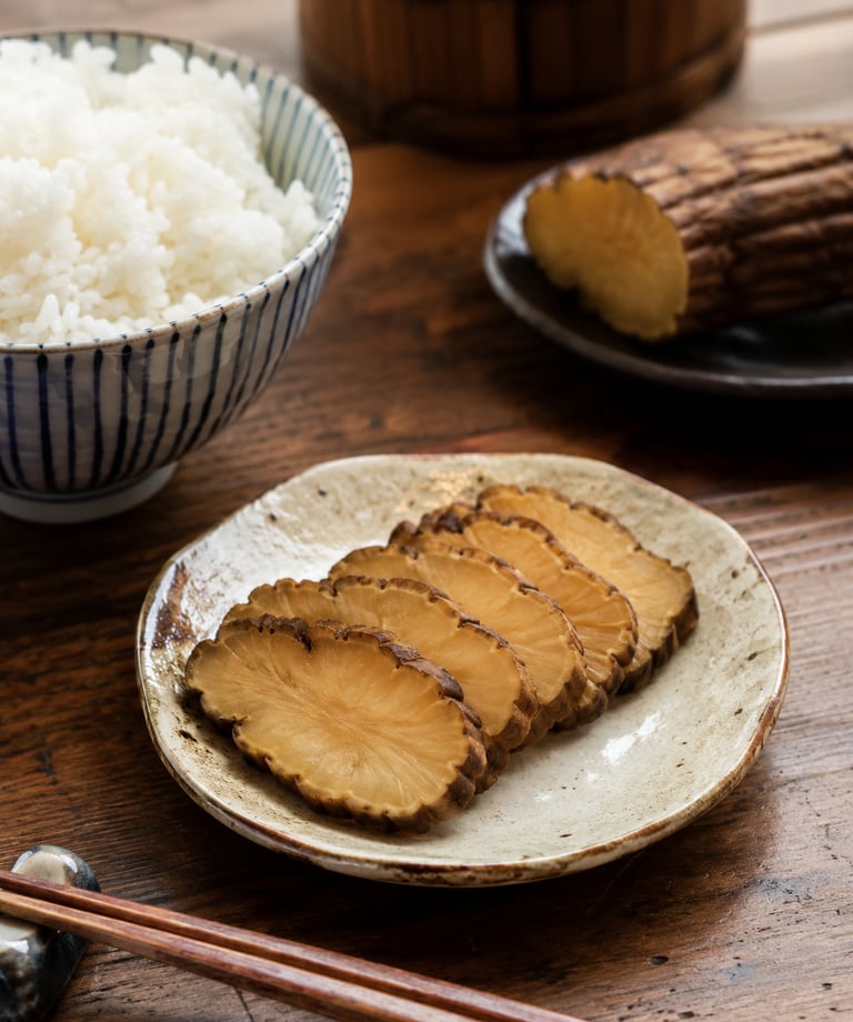 Sliced smoked iburigakko daikon radish pickles served on a ceramic plate with steamed white rice and chopsticks.