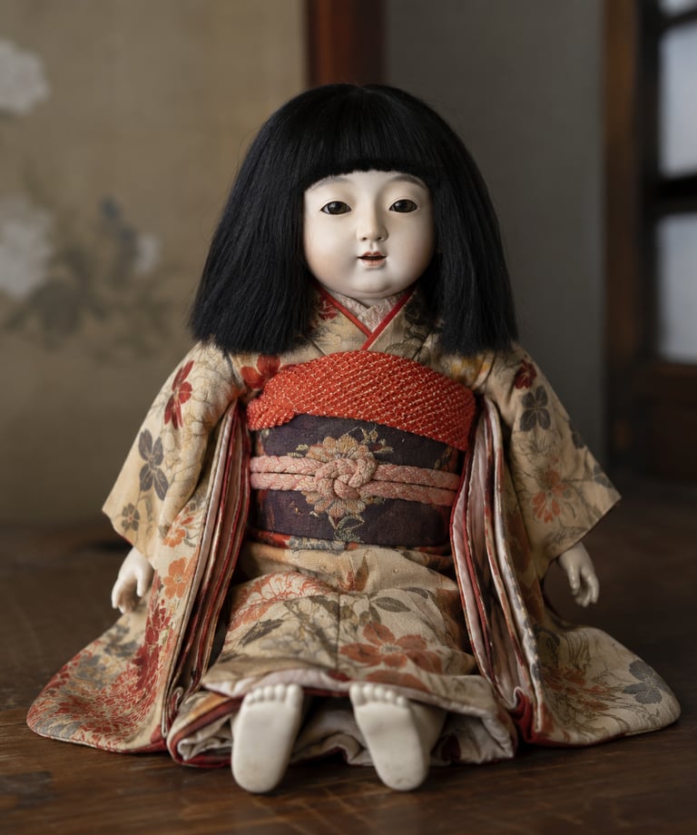 Antique Japanese Ichimatsu doll with black hair wearing a traditional floral silk kimono and obi.