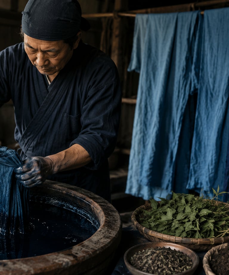A Japanese artisan hand-dyeing fabric in a traditional indigo vat with hanging blue textiles.