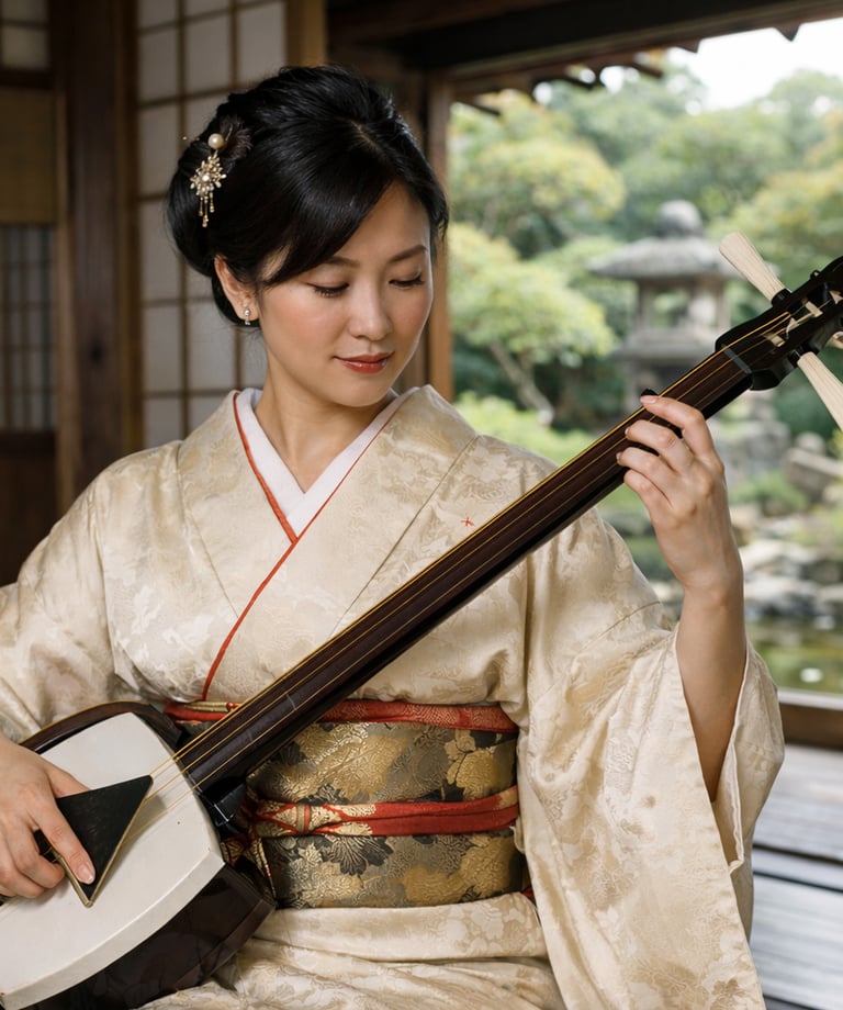 A Japanese woman in a traditional silk kimono playing a shamisen luth instrument in a zen garden.
