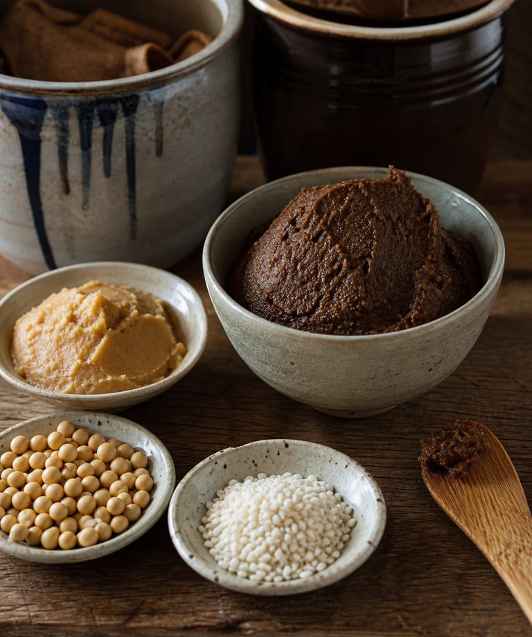 Traditional dark and light miso paste in ceramic bowls with soybeans and rice koji ingredients.