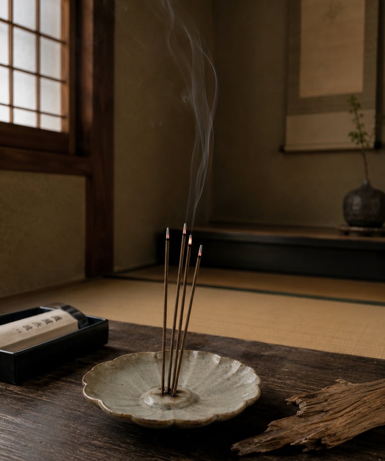 Aromatic incense sticks burning in a ceramic holder on a wooden table in a traditional Japanese room.