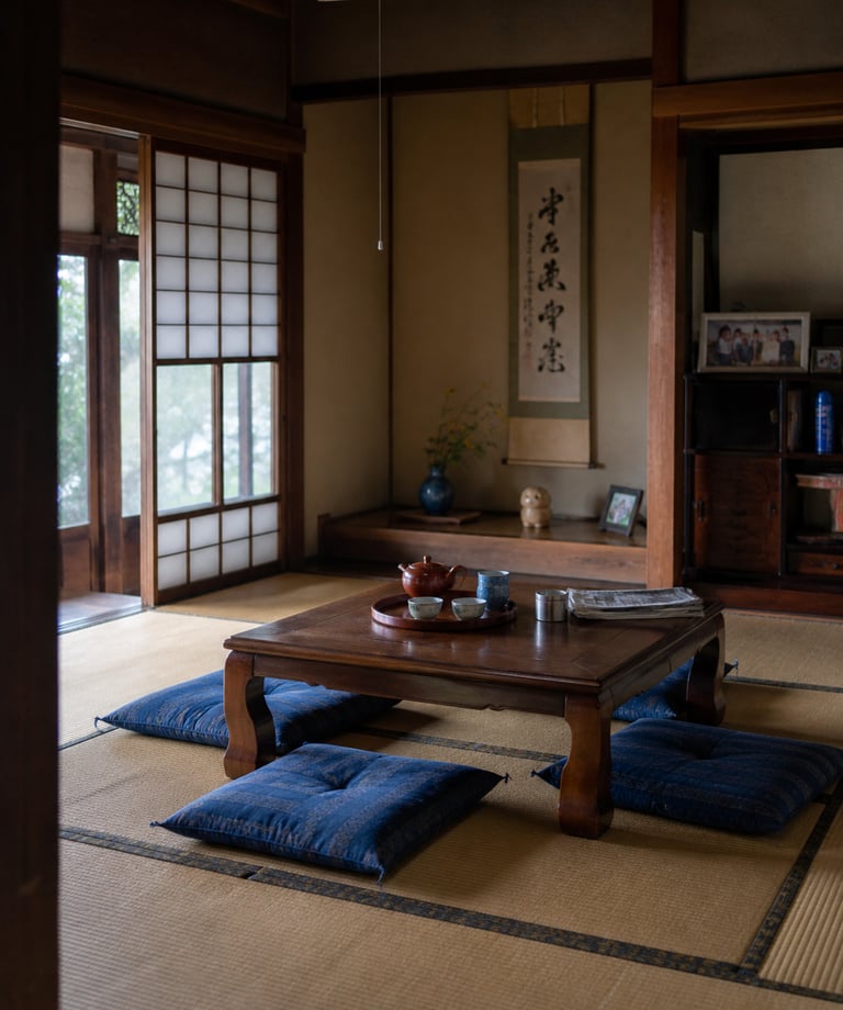 Traditional Japanese tea room with tatami mats, low wooden table, and blue floor cushions.