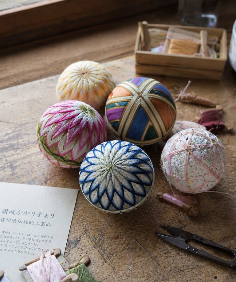 Handcrafted Japanese Temari balls with intricate embroidery on a rustic wooden table.