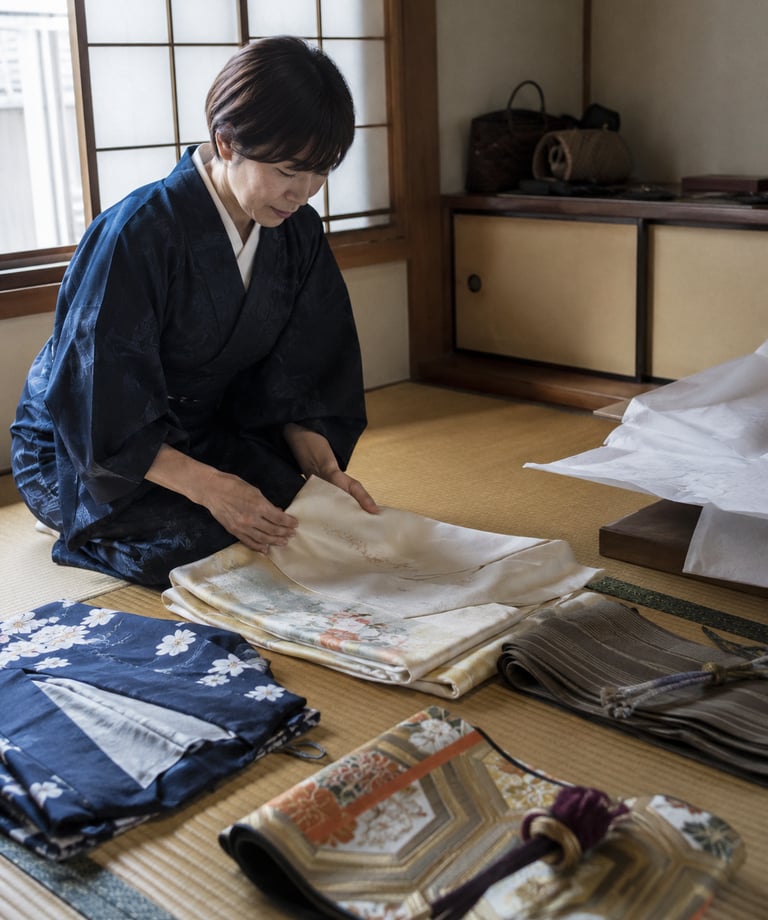 A Japanese woman in a blue kimono carefully folding traditional silk garments on a tatami mat.
