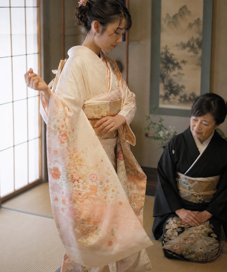 A Japanese woman in traditional clothing sits outdoors sorting fresh green vegetables into a woven basket.