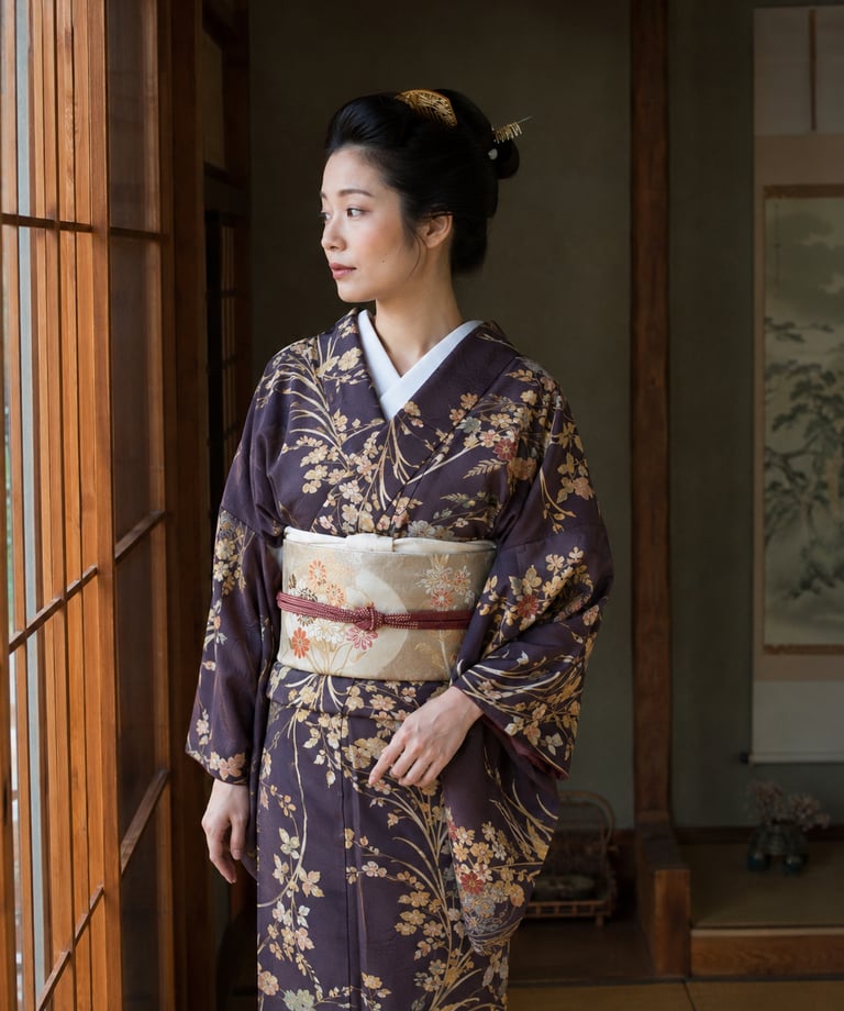 A Japanese woman wearing a traditional dark floral kimono and obi belt stands in a wooden room.