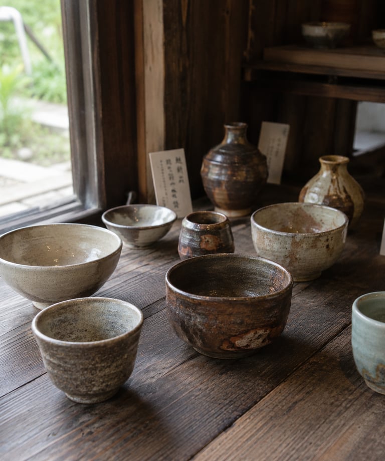 Handcrafted Japanese ceramic tea bowls and pottery displayed on a rustic wooden table by a window.