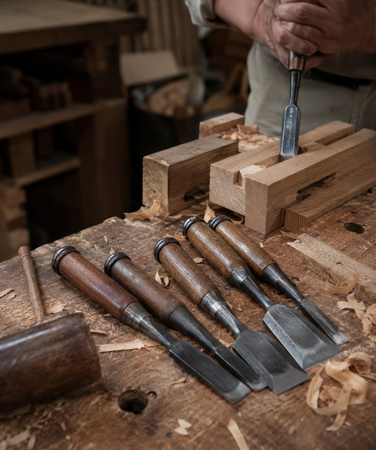 A collection of vintage woodworking chisels and a mallet on a workbench with wood shavings.