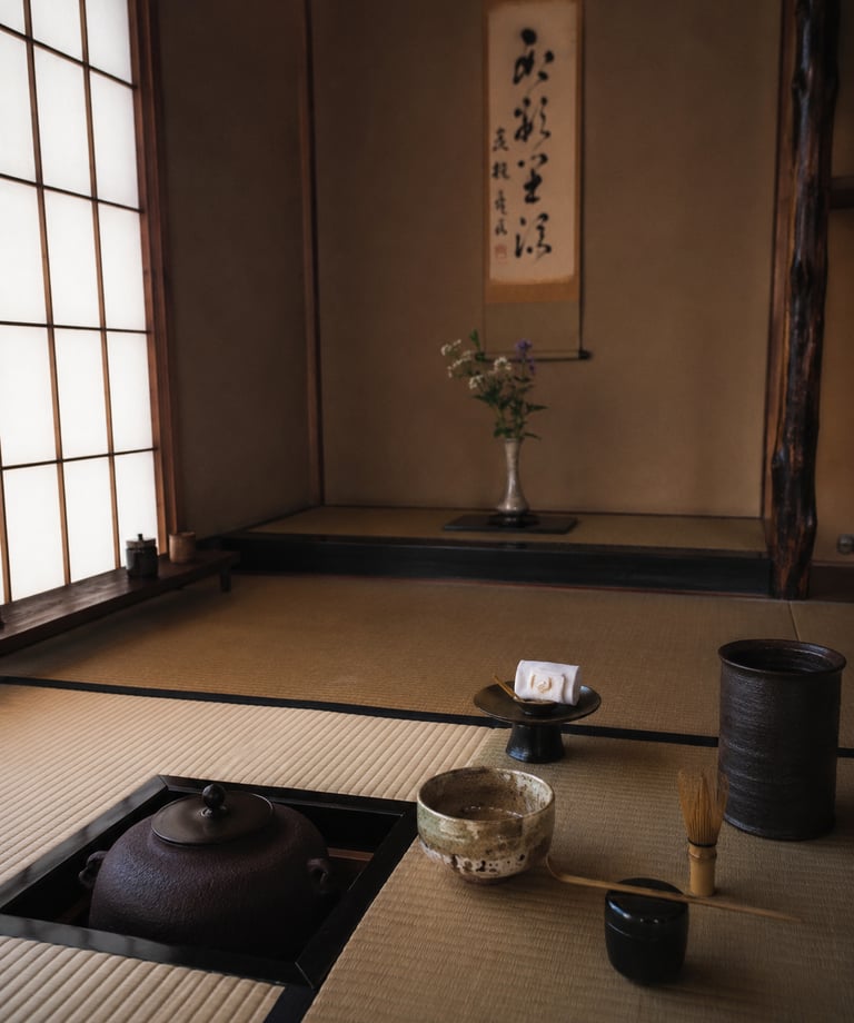 Traditional Japanese tea room featuring a matcha bowl, whisk, and cast iron kettle on tatami mats.