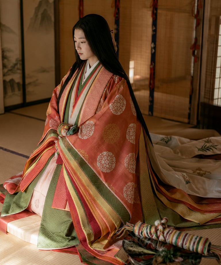 A woman wearing a traditional Japanese junihitoe multi-layered silk kimono sitting on a tatami floor.